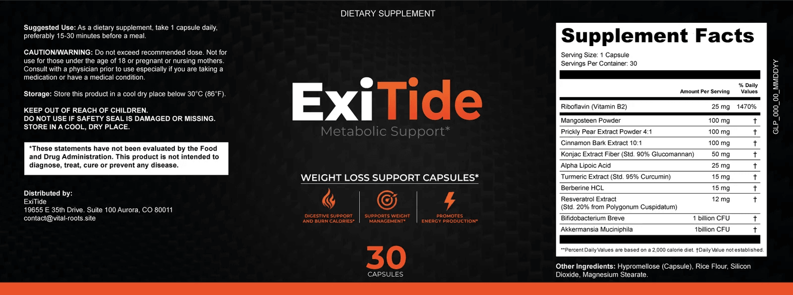ExiTide™ supplement facts panel showing all 11 ingredients and doses π